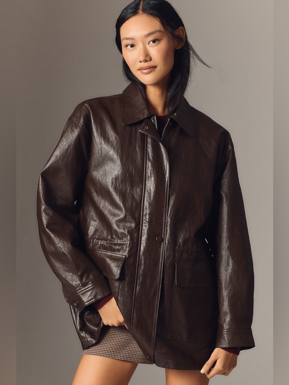 Anthropologie Cinched-Waist Vegan-Leather Jacket - Chocolate